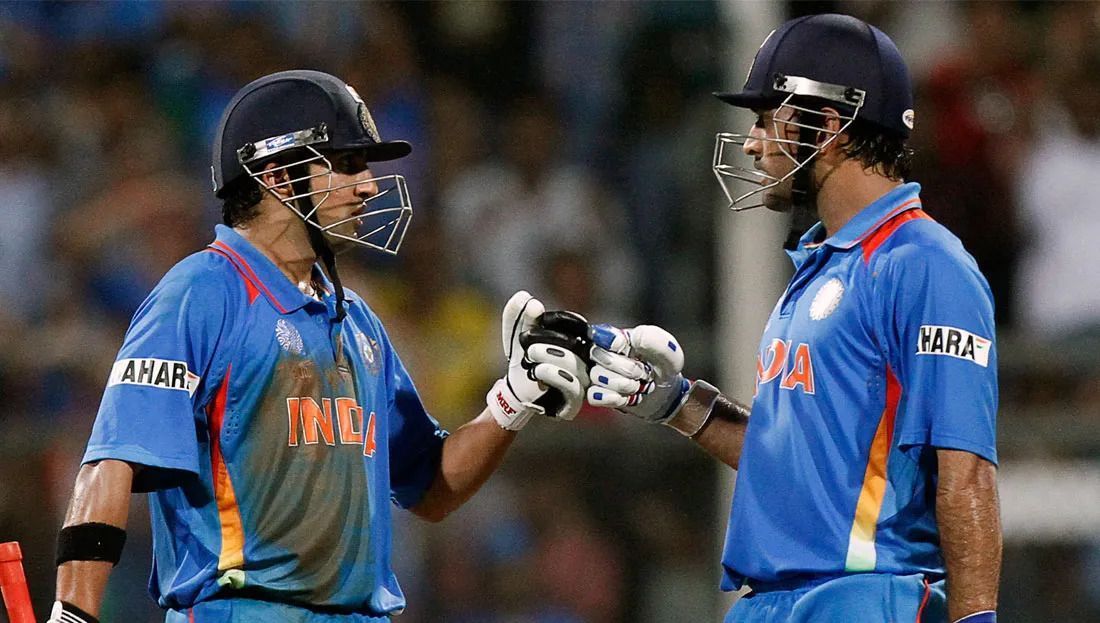 Gambhir and Dhoni during the 109-run partnership in the 2011 World Cup finals