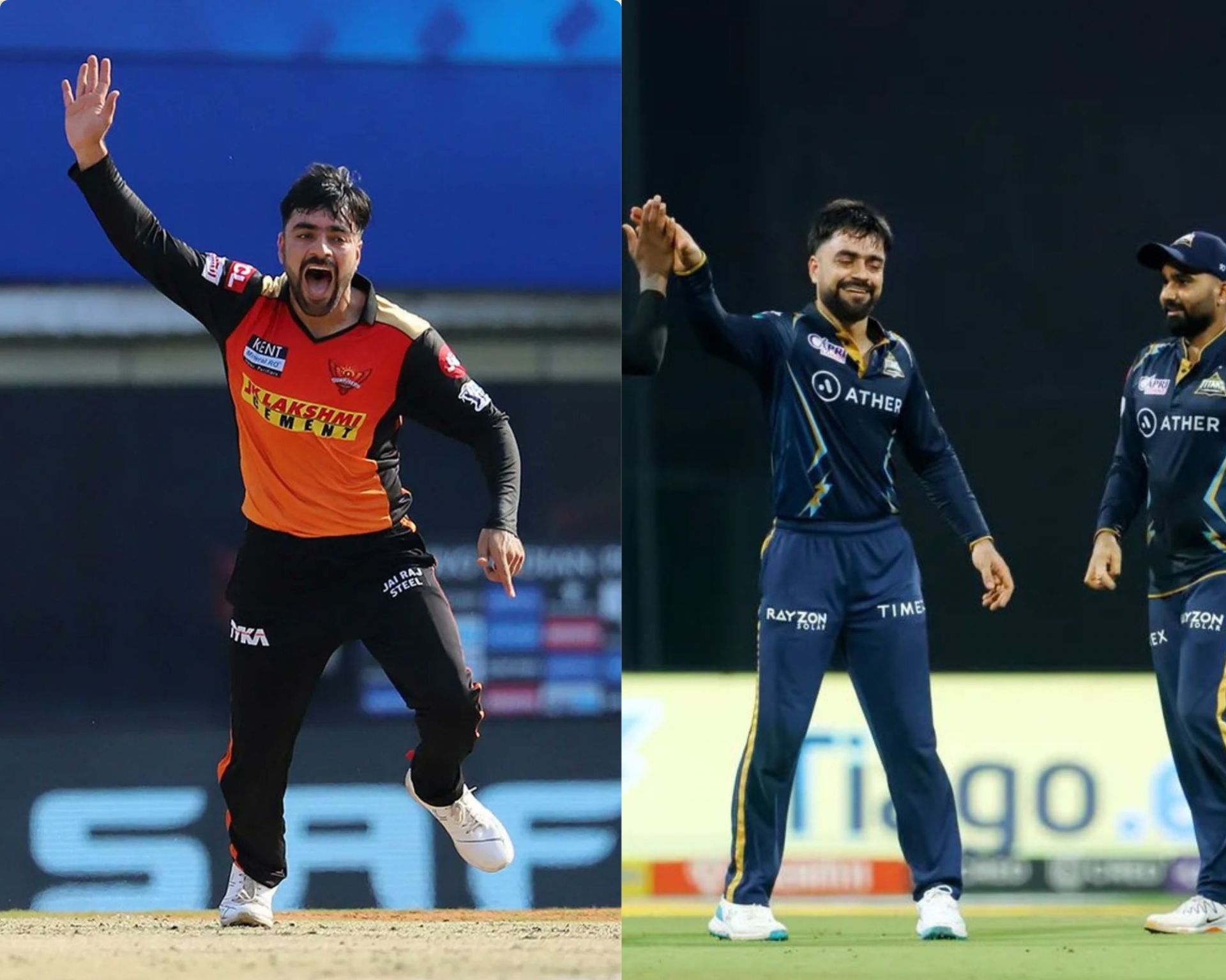 Rashid Khan represented SRH before joining GT. Pic: Twitter/ @SunRisers and @gujarat_titans