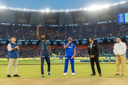 Hardik Pandya and Rohit Sharma at the toss in Ahemdabad [IPLT20]