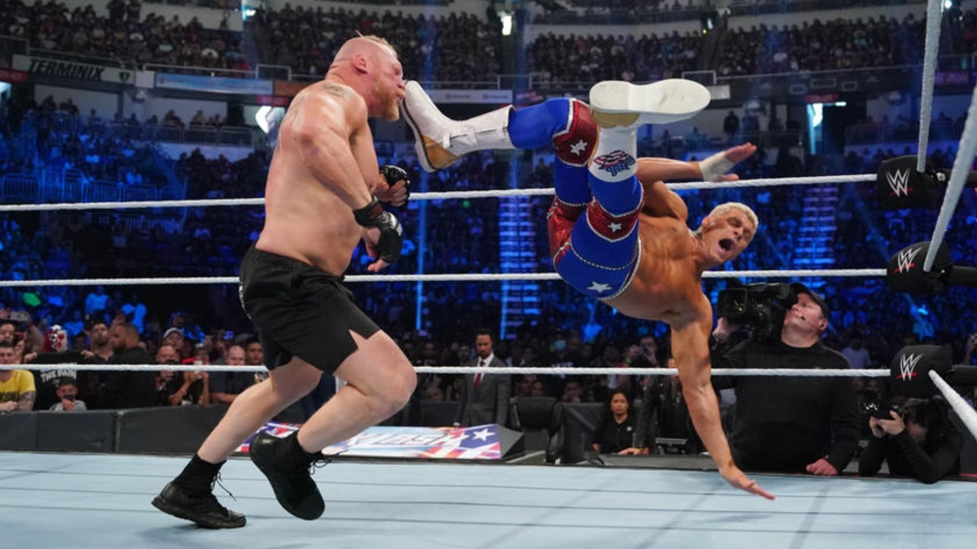 Brock Lesnar gets hit with a disaster kick at WWE Backlash.