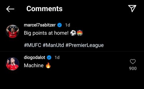 Diogo Dalot's comment on Marcel Sabitzer's Instagram post.