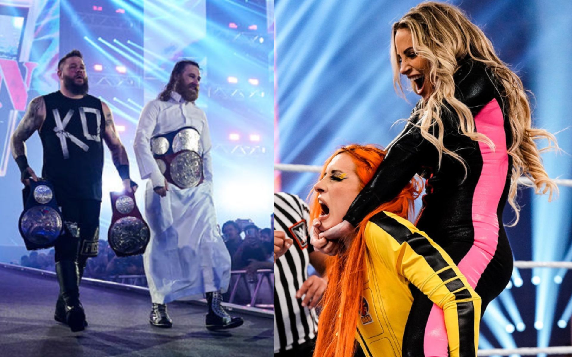 (Left) Sami Zayn and Kevin Owens during their entrance (Right) Trish Stratus attempting to destroy Becky Lynch