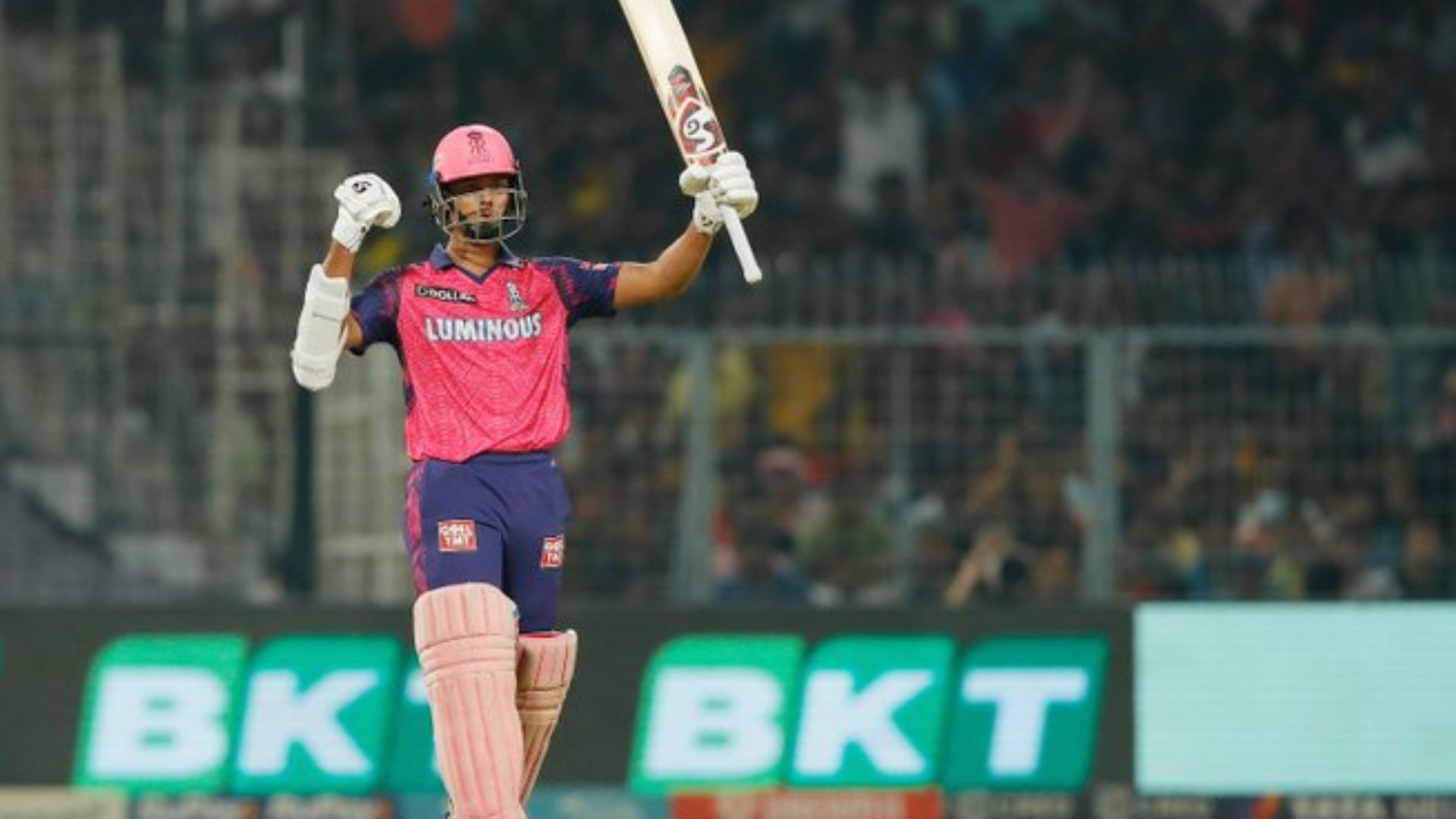 Yashasvi Jaiswal raises his bat after scoring the fast IPL fifty against KKR at the Eden Gardens. 