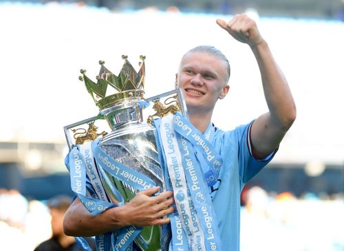 Erling Haaland celebrating Manchester City's Premier League triumph