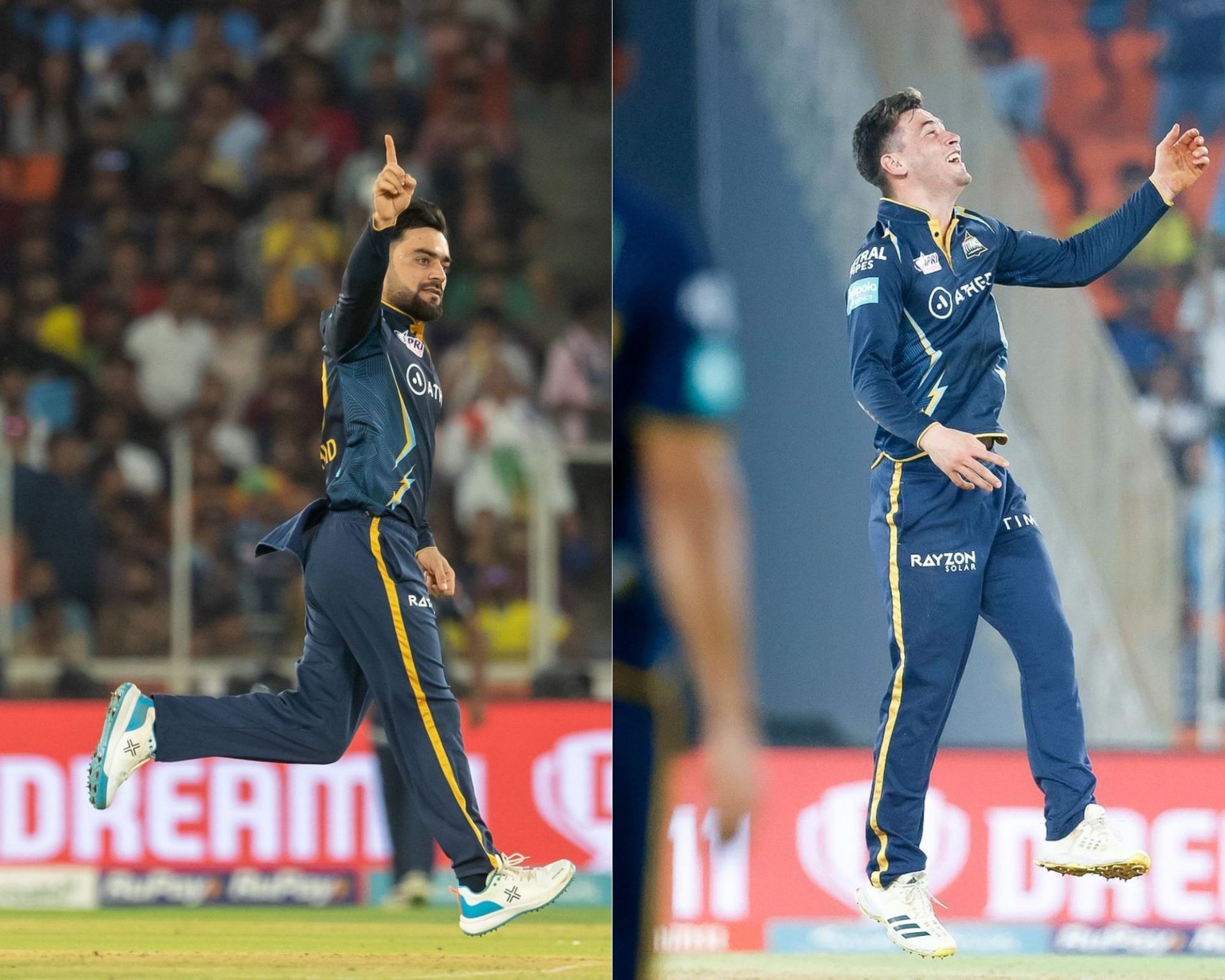 Noor Ahmad looks like a mirror image of Rashid Khan in his bowling. Pic: Twitter/@gujarat_titans