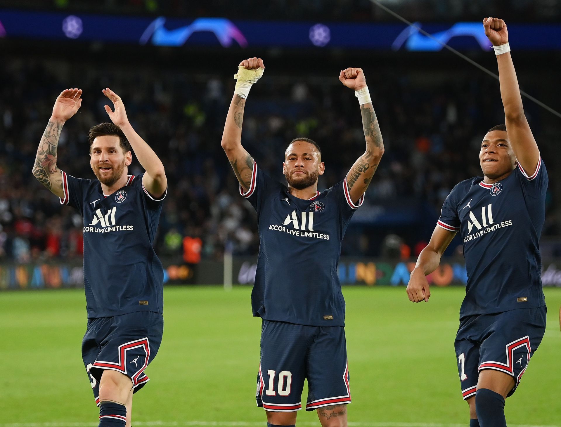 [L-to-R] Paris Saint-Germain attackers Lionel Messi, Neymar Jr. and Kylian Mbappe