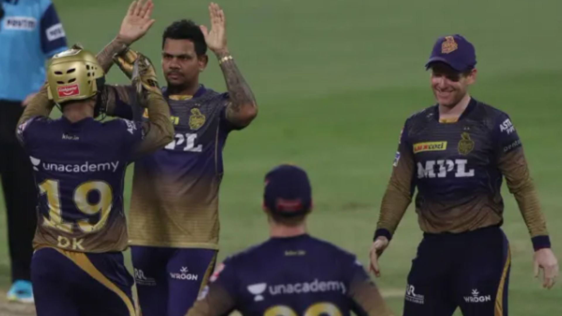 Sunil Narine celebrates the wicket of AB de Villiers during his brilliant spell against KKR in IPL 2021