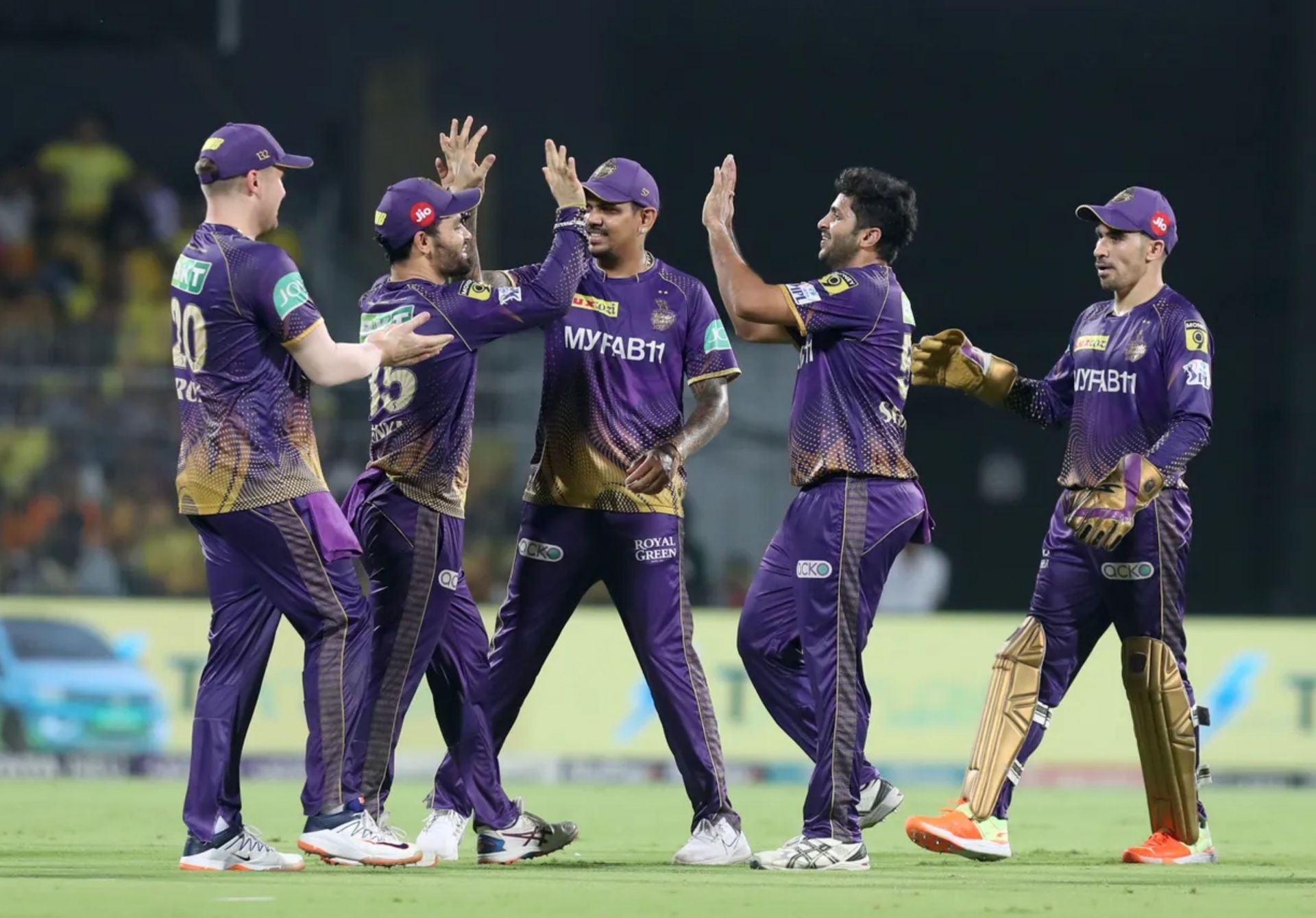 KKR players celebrating after picking up a wicket on Sunday night. 