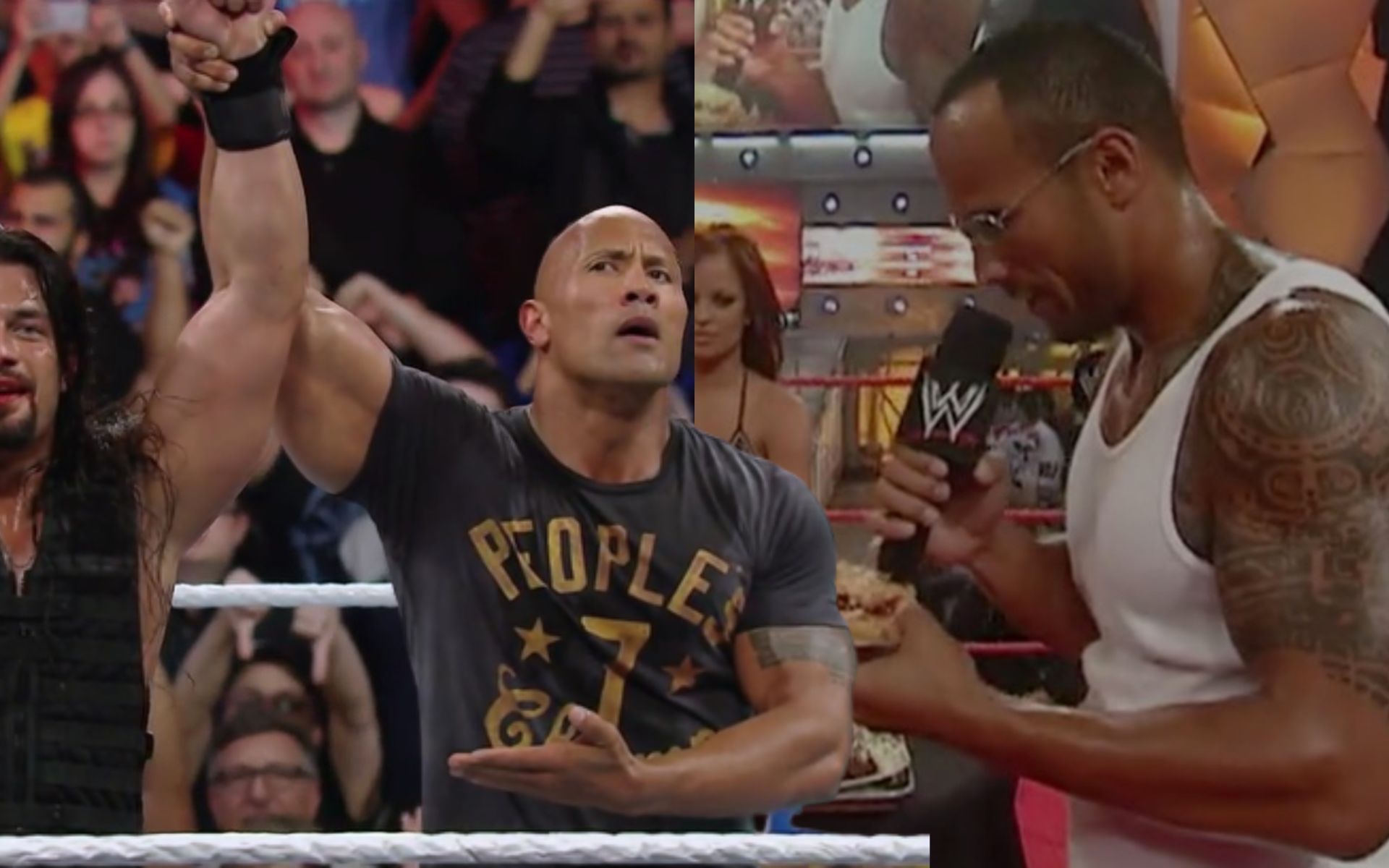 Roman Reigns and The Rock (L); The Rock at 2004 diva search (R).