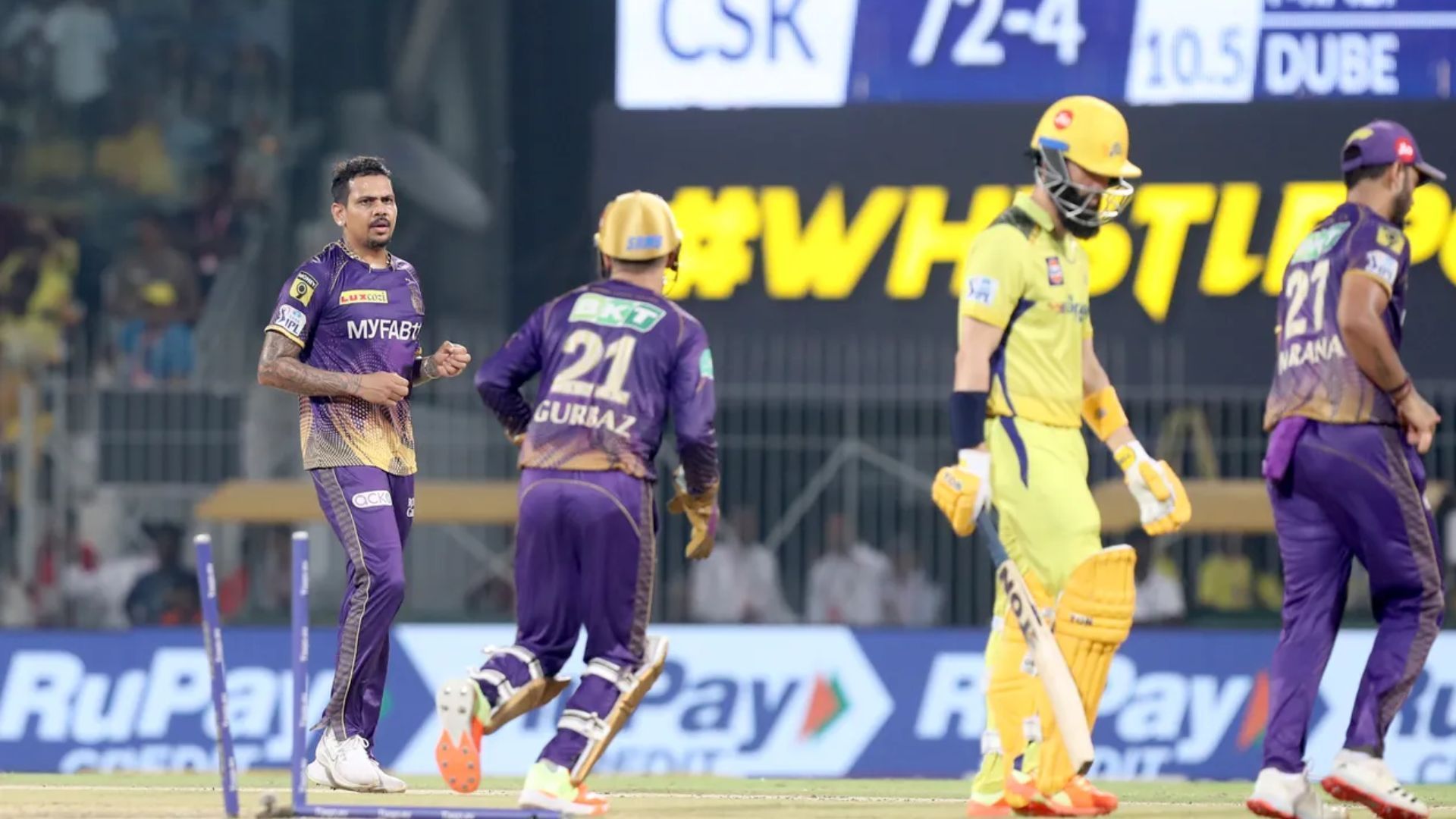 Sunil Narine (L) celebrates after dismissing CSK