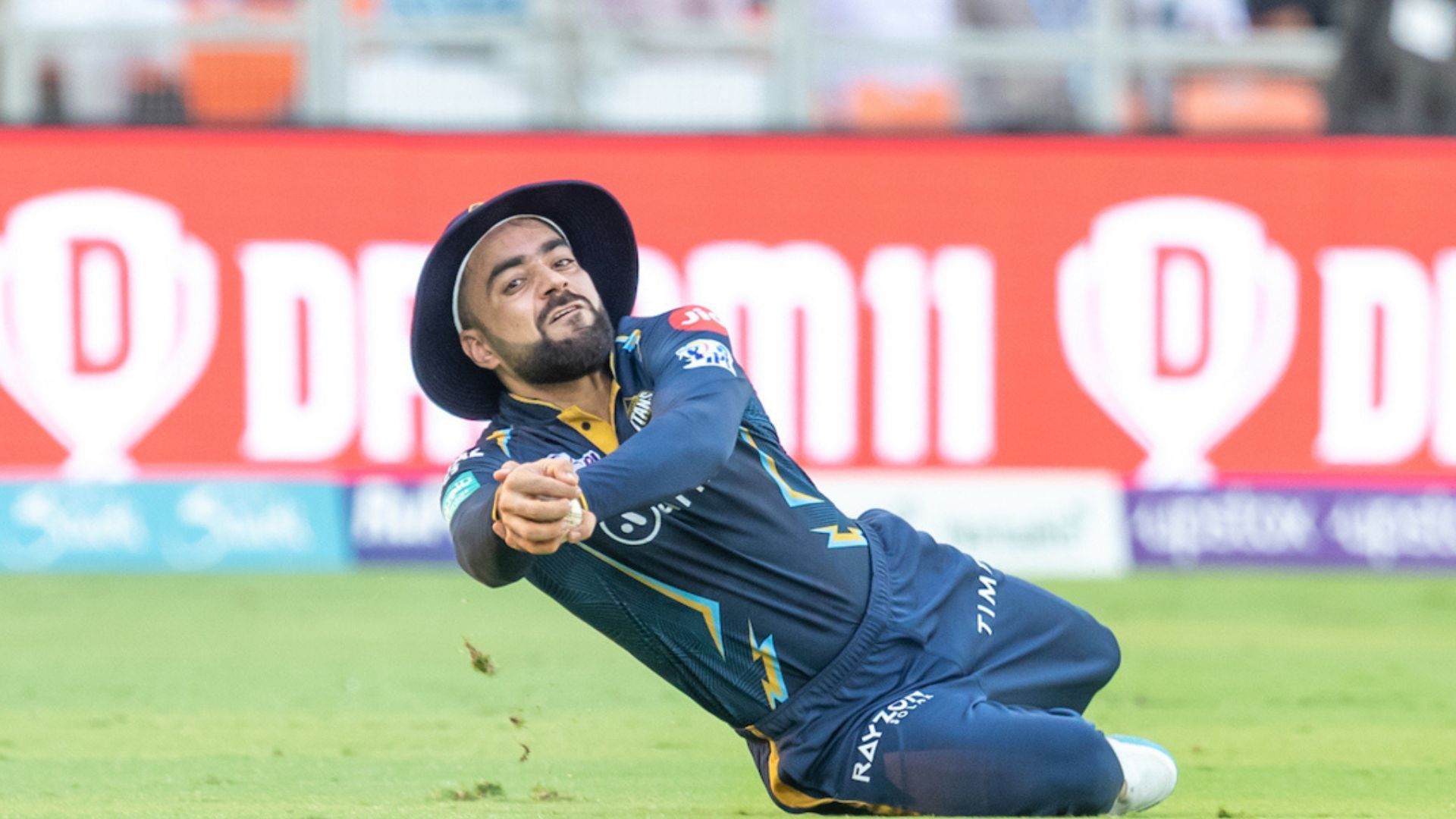 Rashid Khan took a stunning catch to dismiss Kyle Mayers in a group game. 