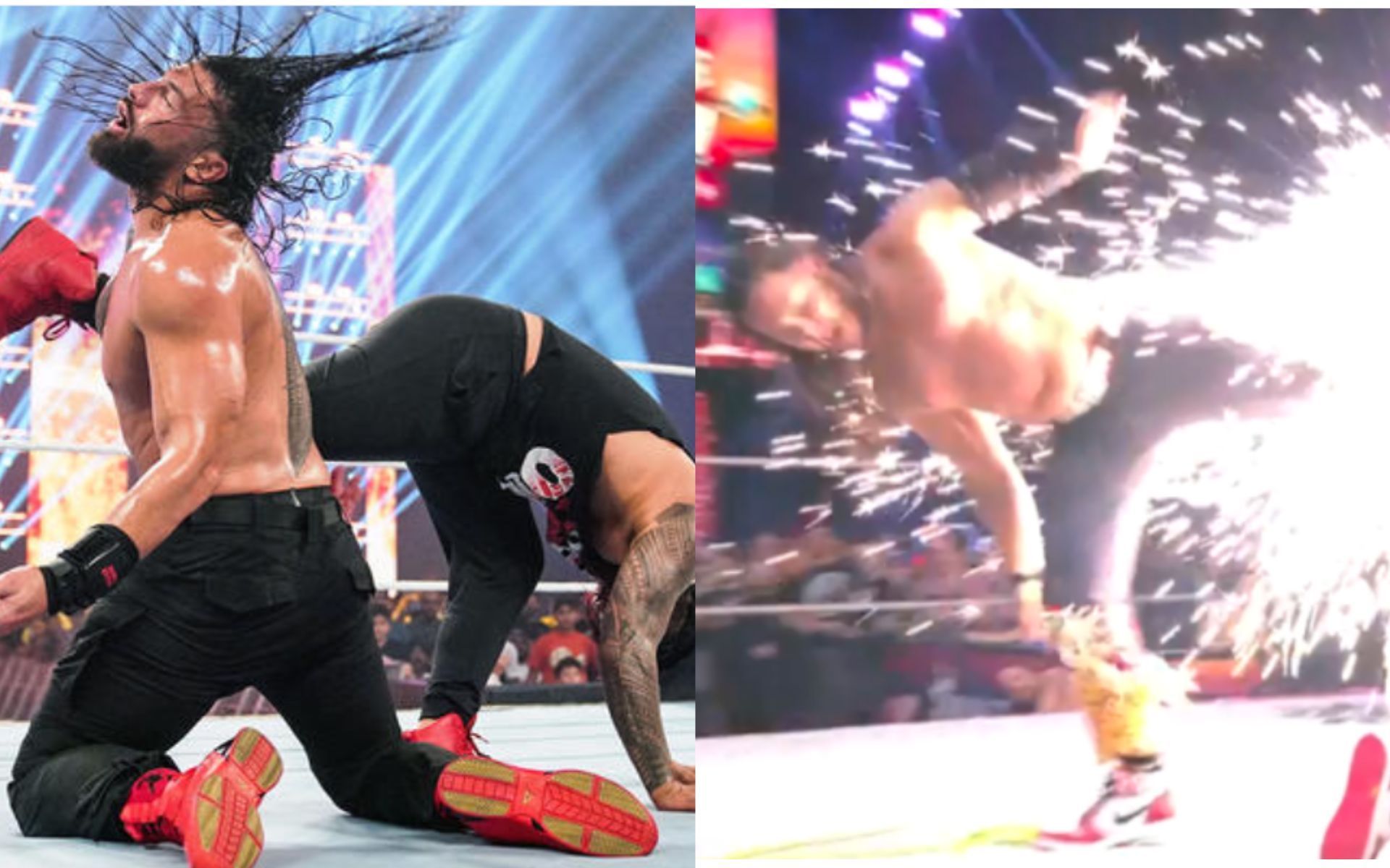 (Left) Jimmy Uso superkicks Roman Reigns (Right) Matt Jackson