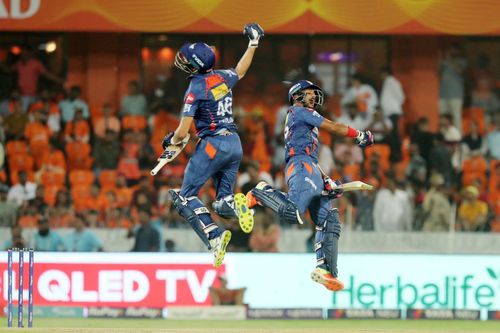 Prerak Mankad and Nicholas Pooran celebrate LSG's win. (Credits: Twitter)