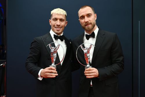 Lisandro Martinez (left) and Christian Eriksen picked up awards.