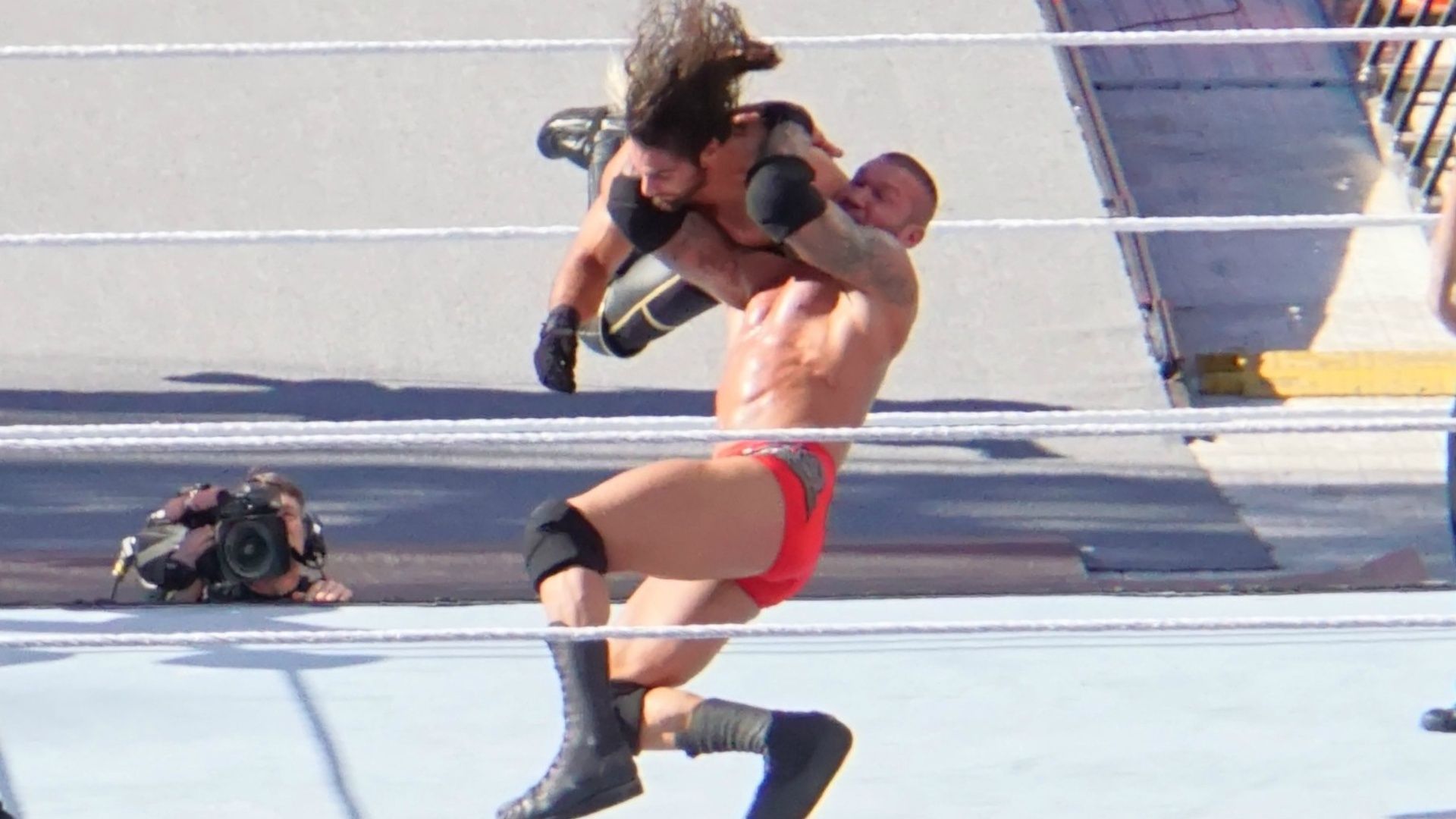 Randy Orton catches Seth Rollins mid-air for an RKO at WWE WrestleMania 31.