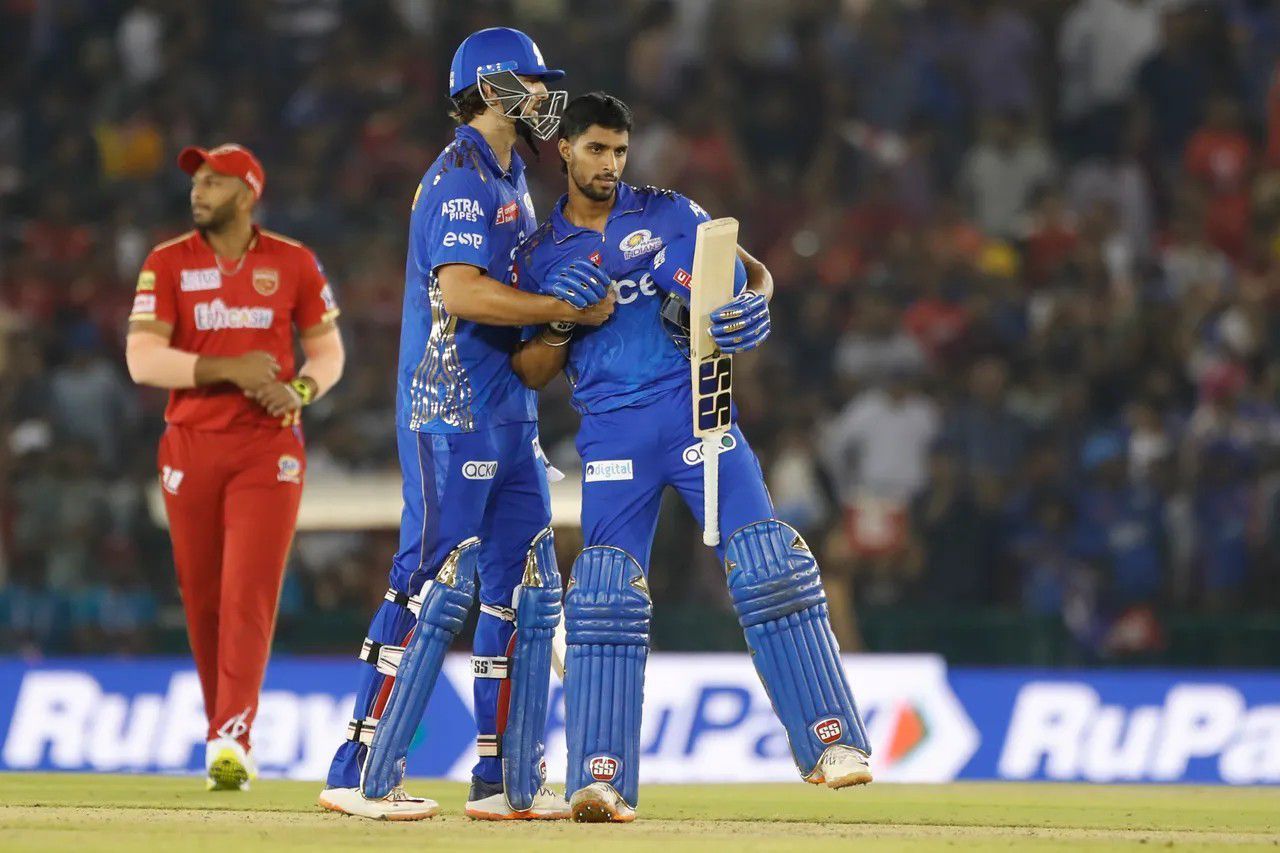 Tilak Verma and Tim David celebrating MI&#039;s win vs PBKS [IPLT20].