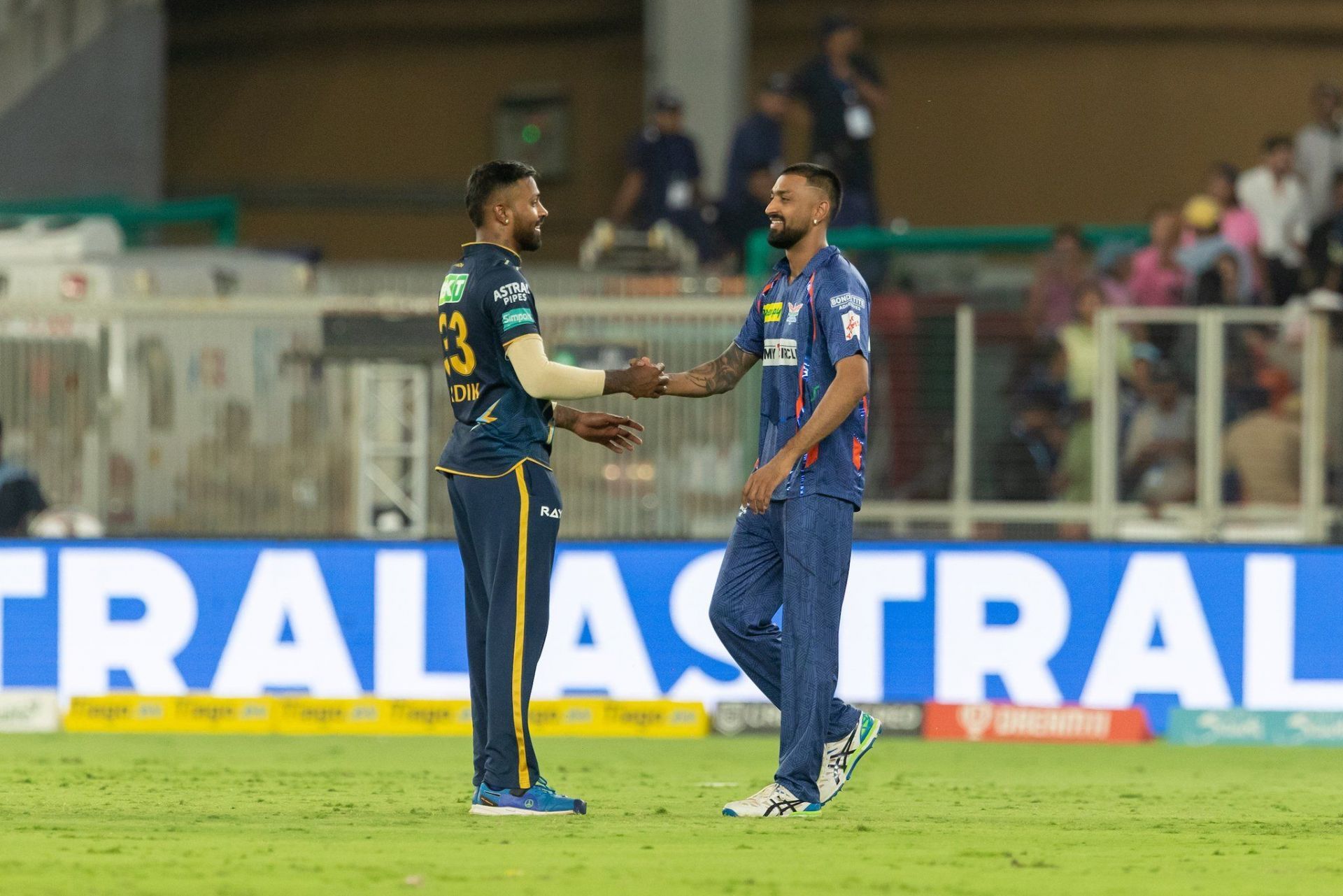 Hardik Pandya greets Krunal Pandya after the game. (Credits: Twitter)