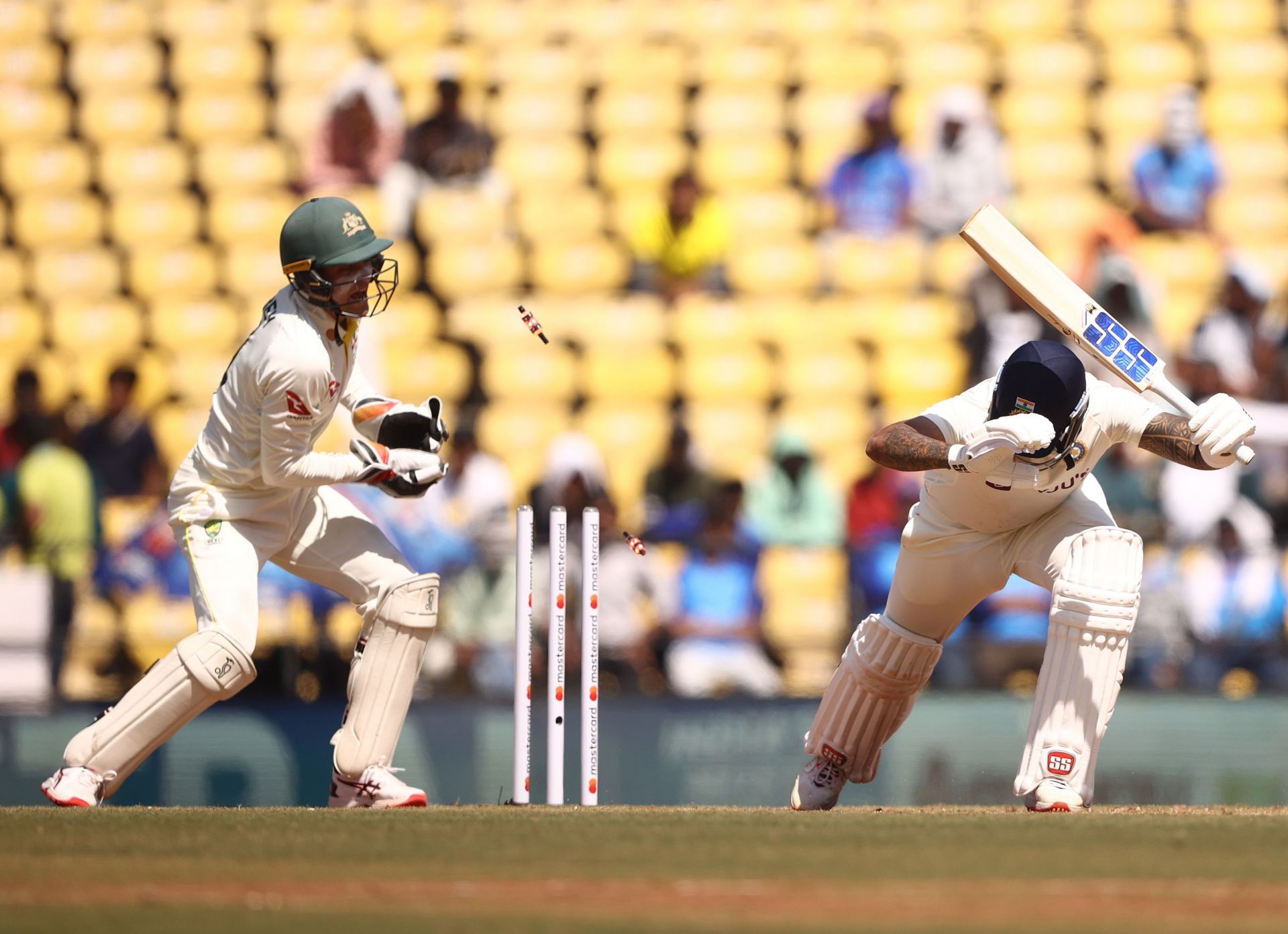 Suryakumar Yadav of India is bowled by Nathan Lyon on Test debut. (Pic: Getty Images)