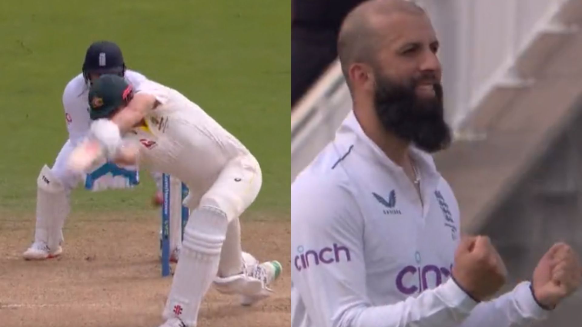 Snippets from Moeen Ali castling Cameron Green (P.C.:England Cricket Twitter)