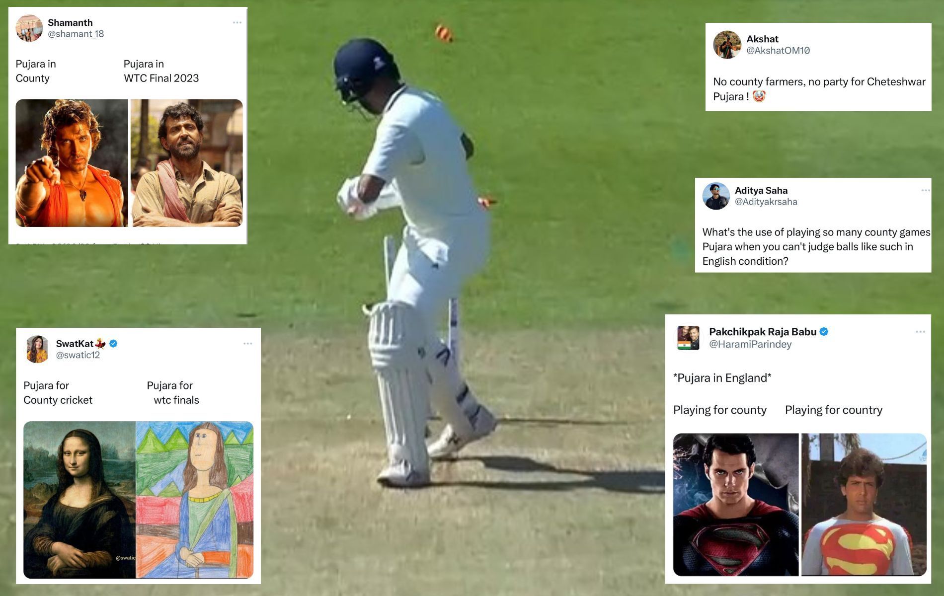 Cheteshwar Pujara was dismissed for 14. (Pics: Disney+Hotstar/Twitter)