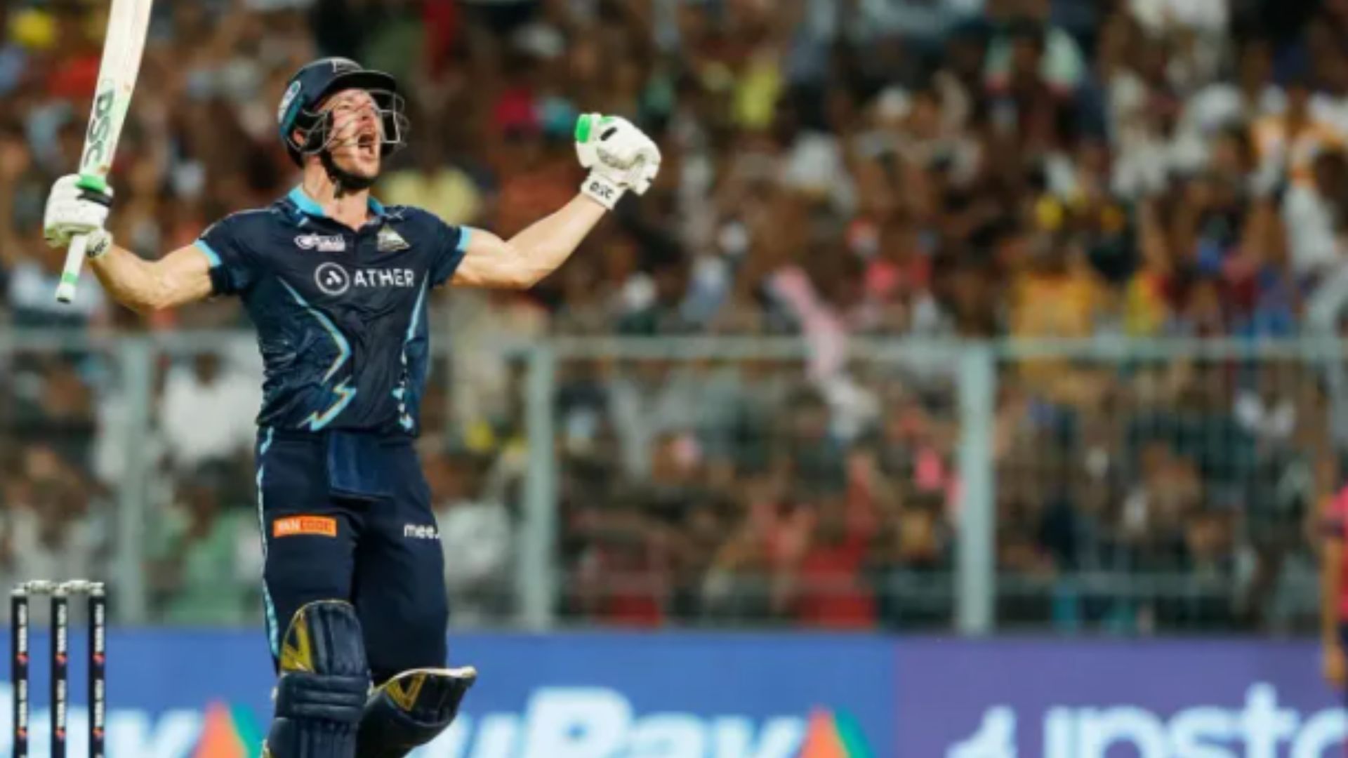 David Miller celebrates after hitting the winning runs against the Rajasthan Royals in Qualifier 1