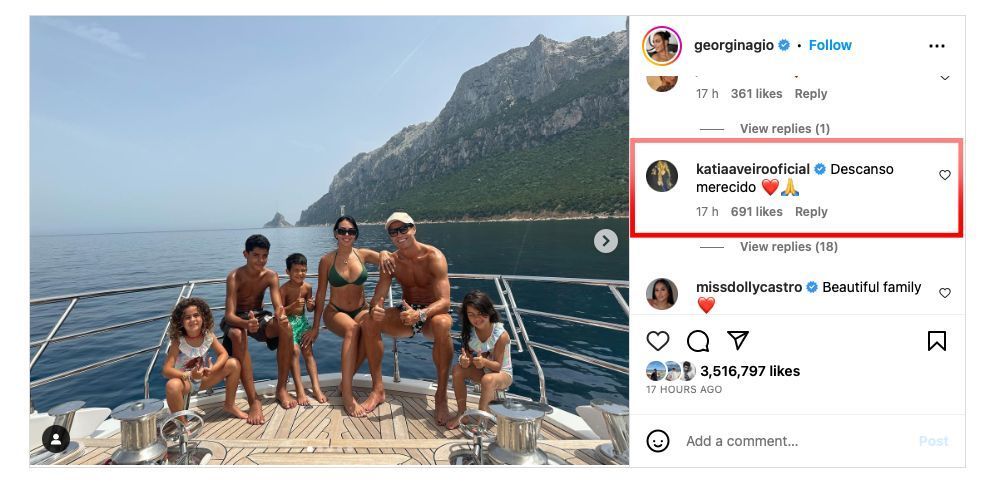 Katia Aveiro&#039;s comment on Georgina&#039;s Instagram post