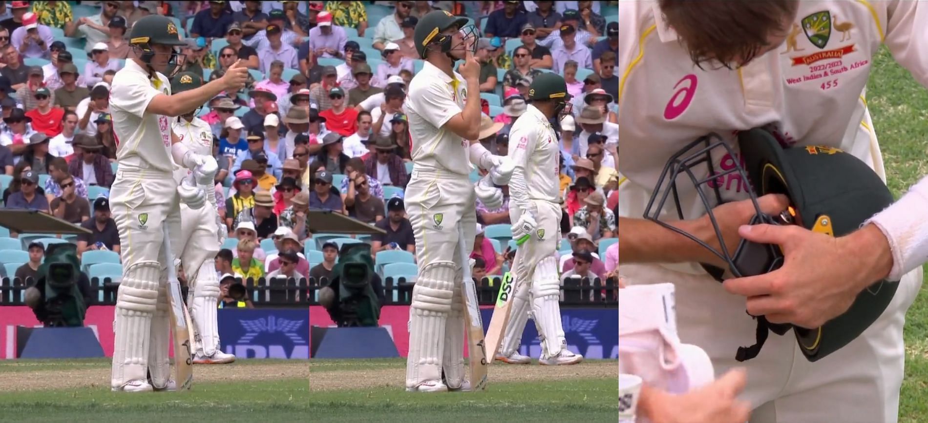 Marnus Labuschagne fixing his helmet with a lighter. Pics: Cricket Australia