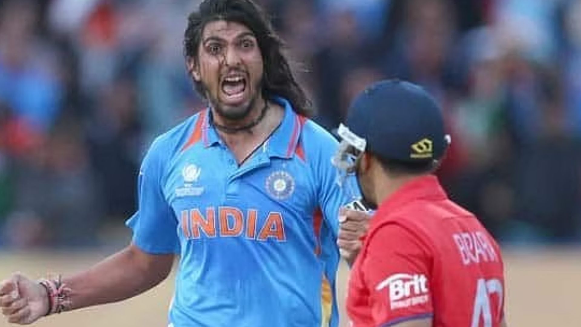 Ishant Sharma celebrates the wicket of Ravi Bopara in the CT final.