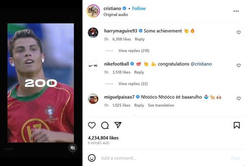 Harry Maguire congratulating Cristiano Ronaldo for reaching 200 Portugal caps