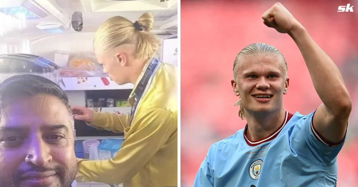 Erling Haaland served customers ice cream during the treble celebrations 