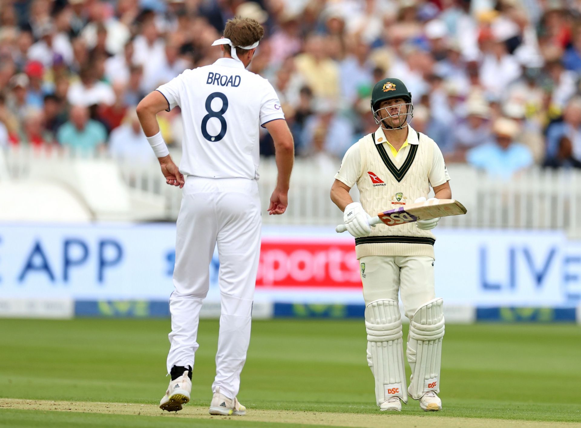 Stuart Broad (left) and David Warner during Day 1 at Lord&rsquo;s. (Pic: Getty Images)