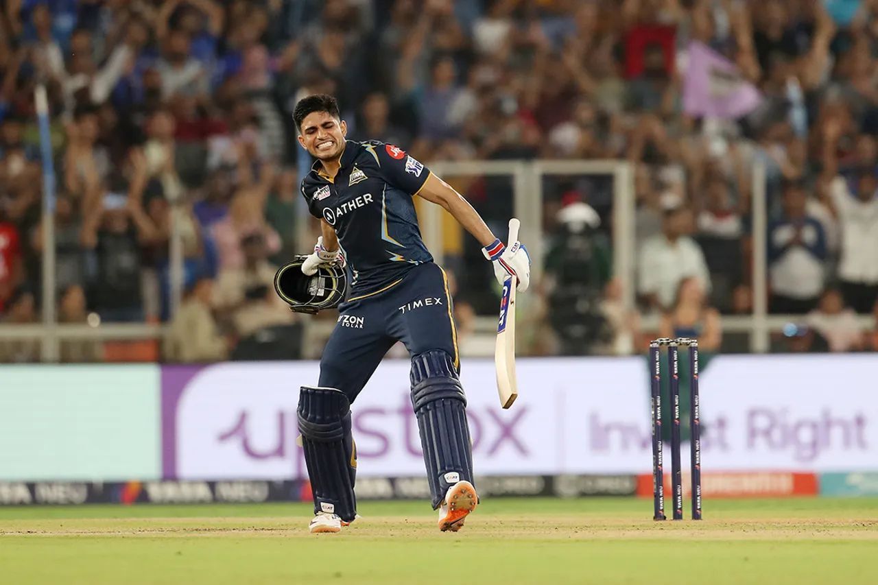 An animated Shubman Gill celebrates his hundred in Qualifier 2 of IPL 2023 (Image: iplt20.com)