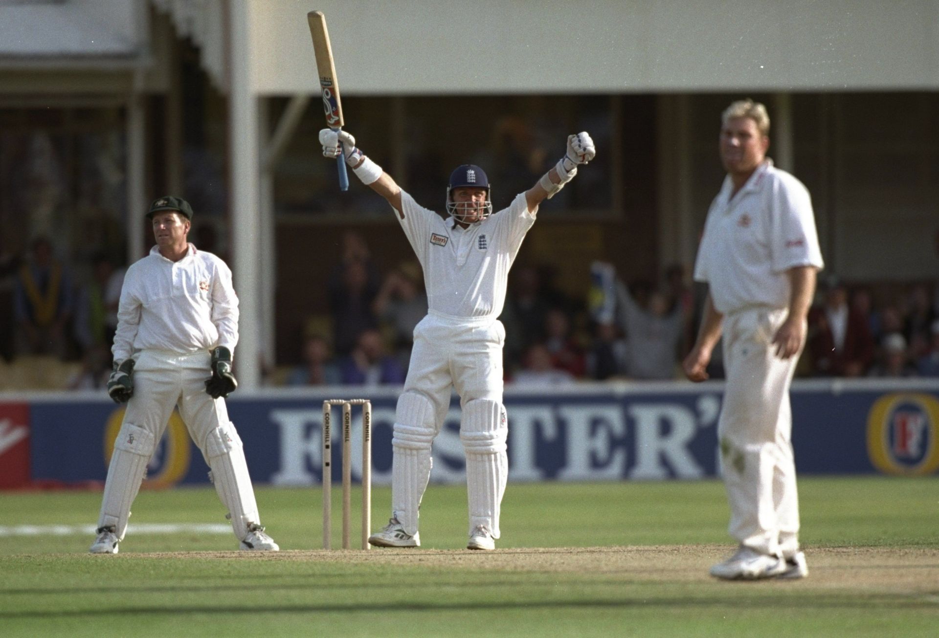 Alec Stewart raises his arms aloft after England&rsquo;s win over Australia in the 1997 Ashes Test at Edgbaston. (Pic: Getty Images)
