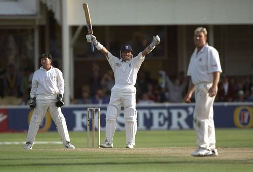 Alec Stewart raises his arms aloft after England’s win over Australia in the 1997 Ashes Test at Edgbaston. (Pic: Getty Images)