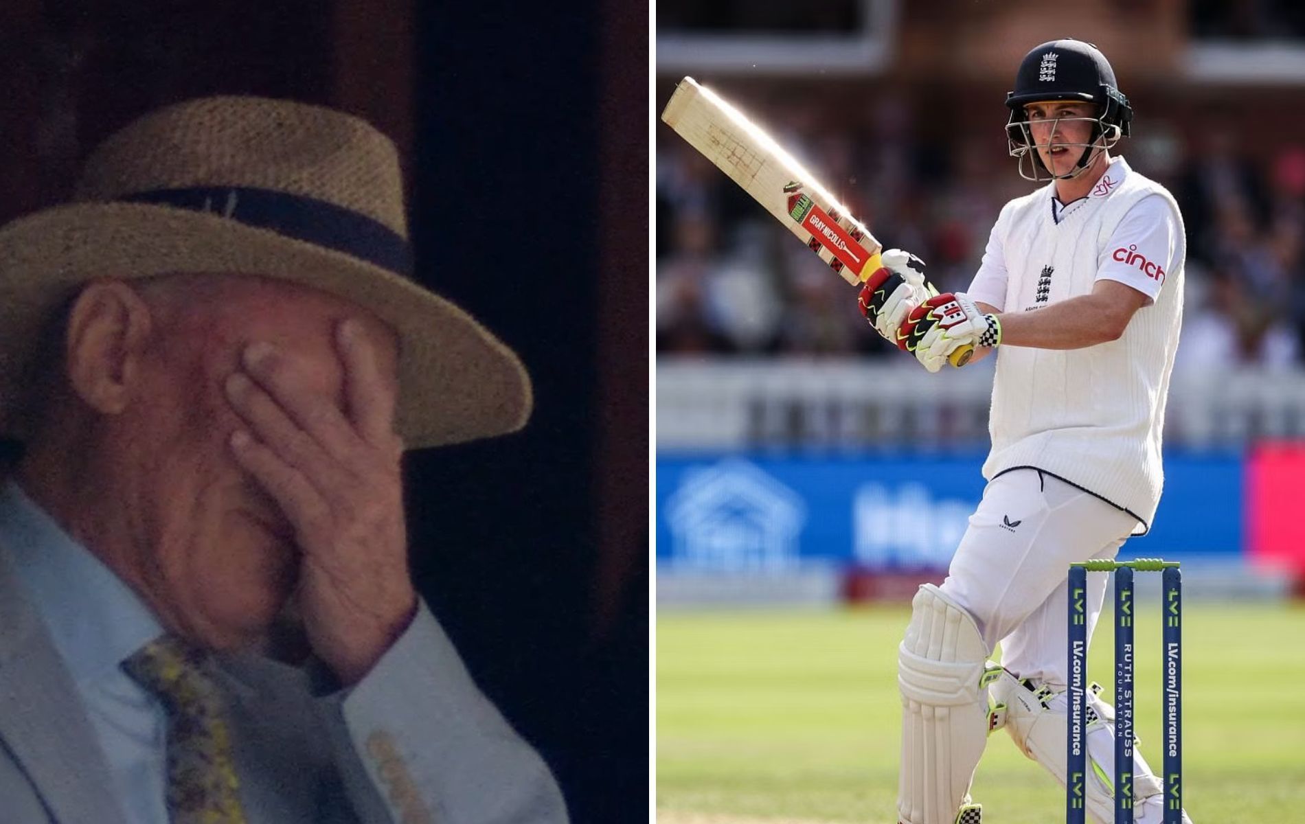 Geoffrey Boycott (L) looked disappointed with Harry Brook