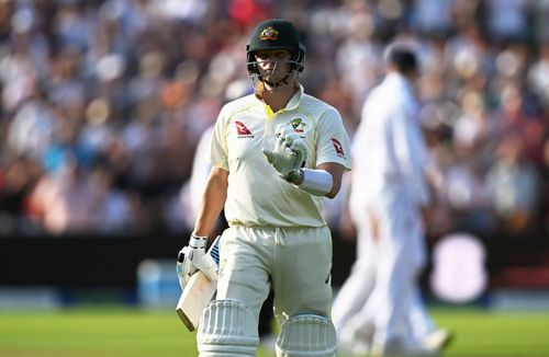 Steve Smith walks back after being dismissed for 6 at Edgbaston on Monday.