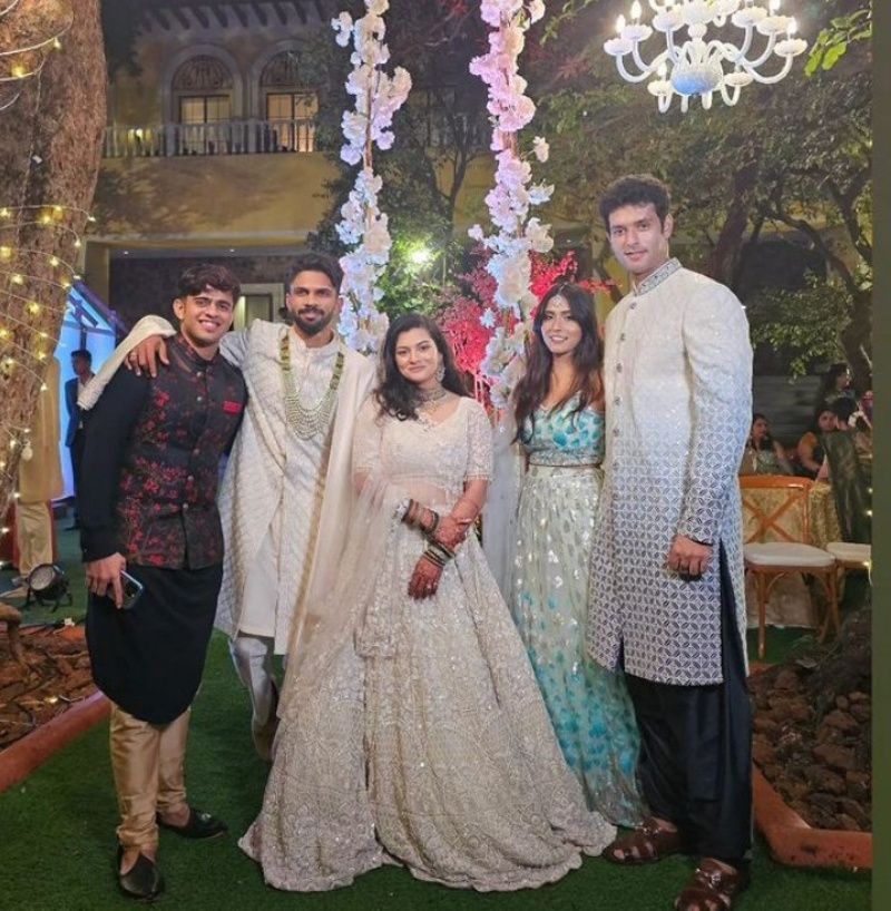 Ruturaj Gaikwad’s CSK teammate Shivam Dube (extreme right) at the wedding. Pic: Twitter