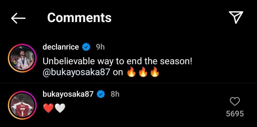 Bukayo Saka&#039;s comment on Declan Rice&#039;s Instagram post.