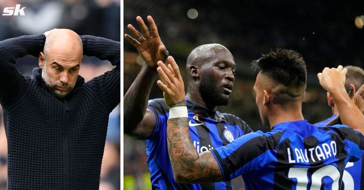 Pep Guardiola (left) and Romelu Lukaku and Lautaro Martinez (right)