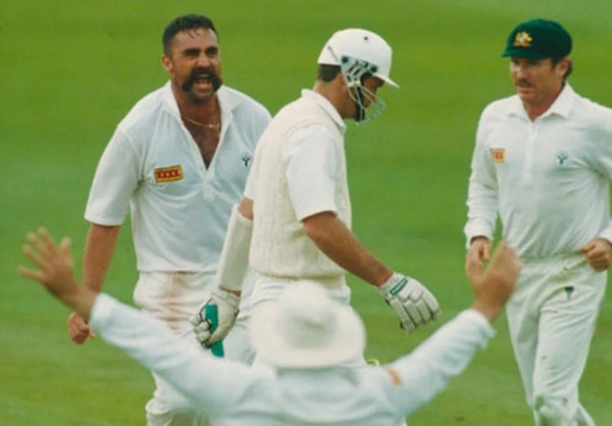 Merv Hughes (left) reacts after dismissing Graeme Hick. (Pic: Getty Images)