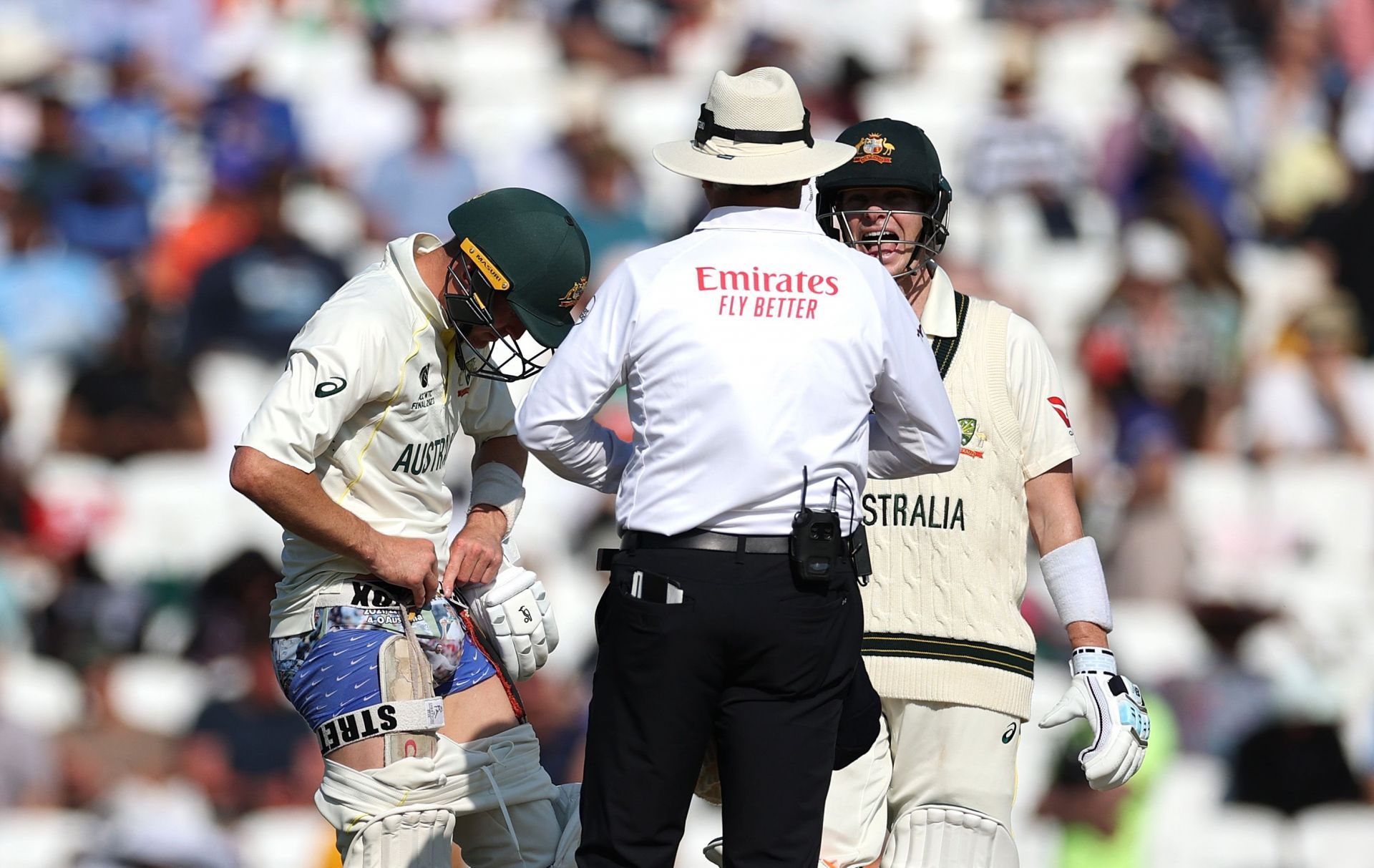 Marnus Labuschagne is seen wearing swimming shorts commemorating Australia&#039;s 2021/22 4-0 Ashes victory over England. (Pic: Getty Images)