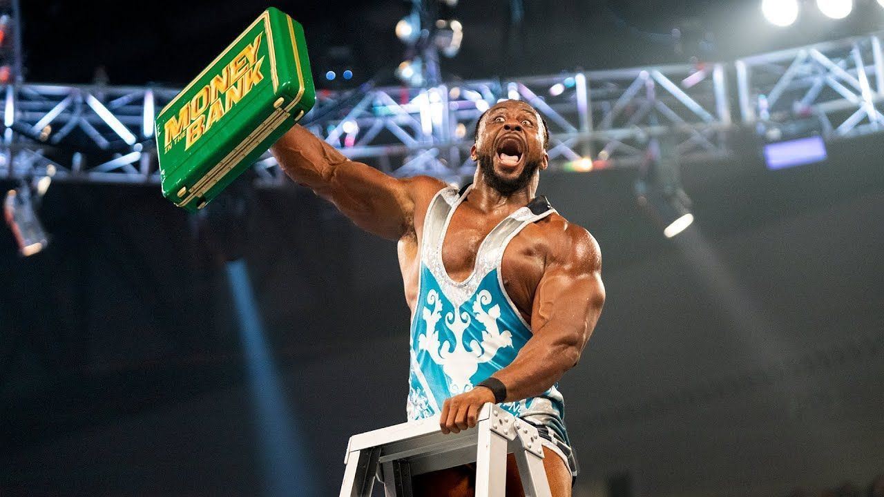 Big E celebrates winning the Money in the Bank briefacase in 2021.