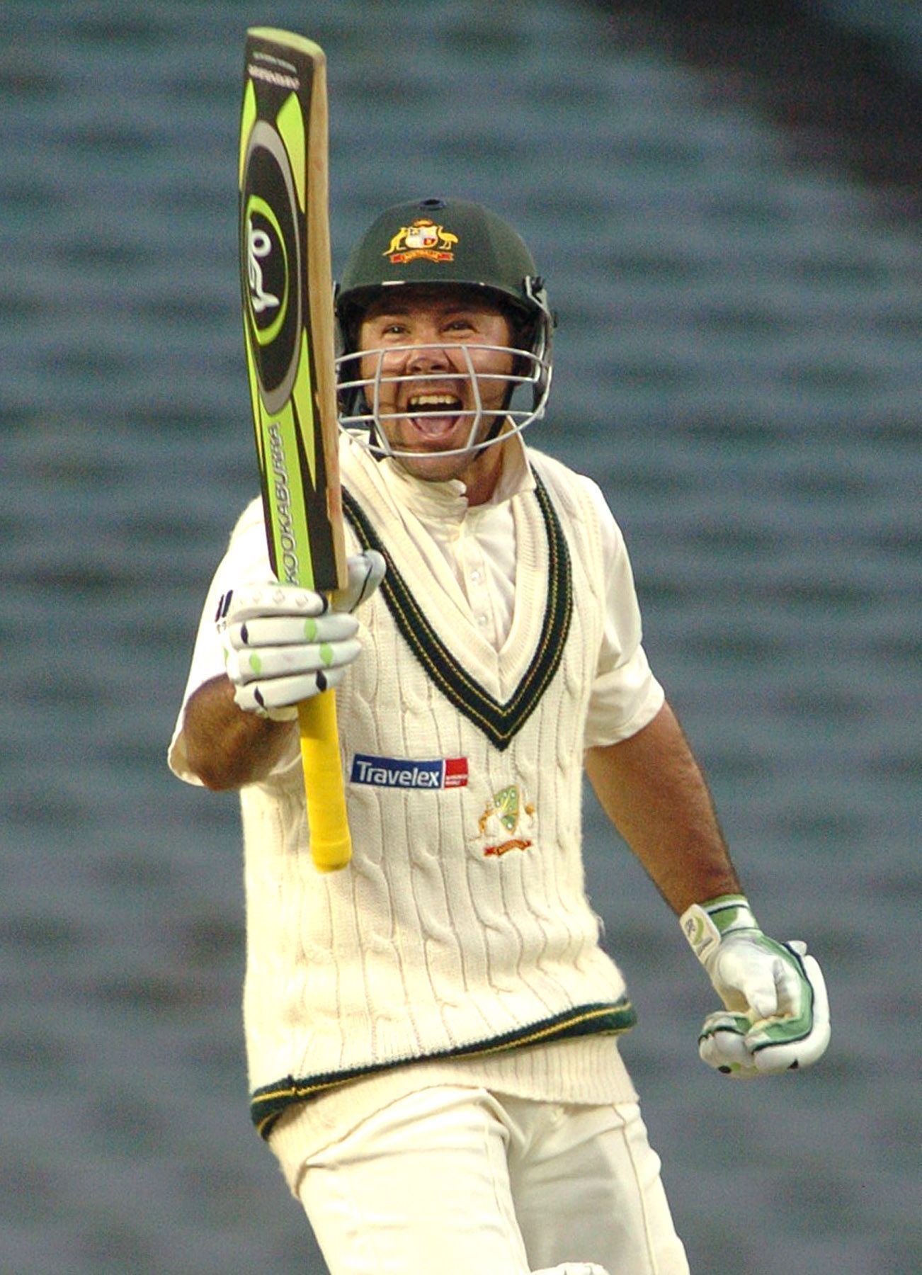 Ricky Ponting celebrates his century in Auckland in 2005.