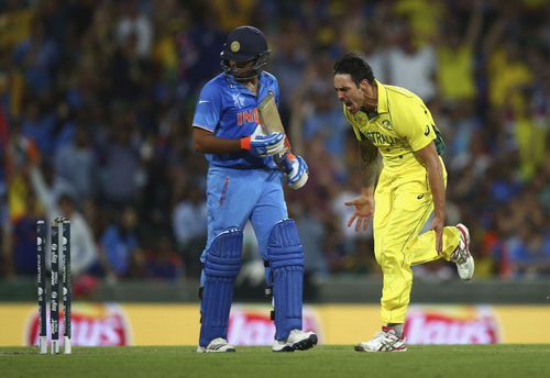 Mitchell Johnson celebrates Rohit Sharma's wicket in the 2015 ODI World Cup semi-final. (PC: Getty)