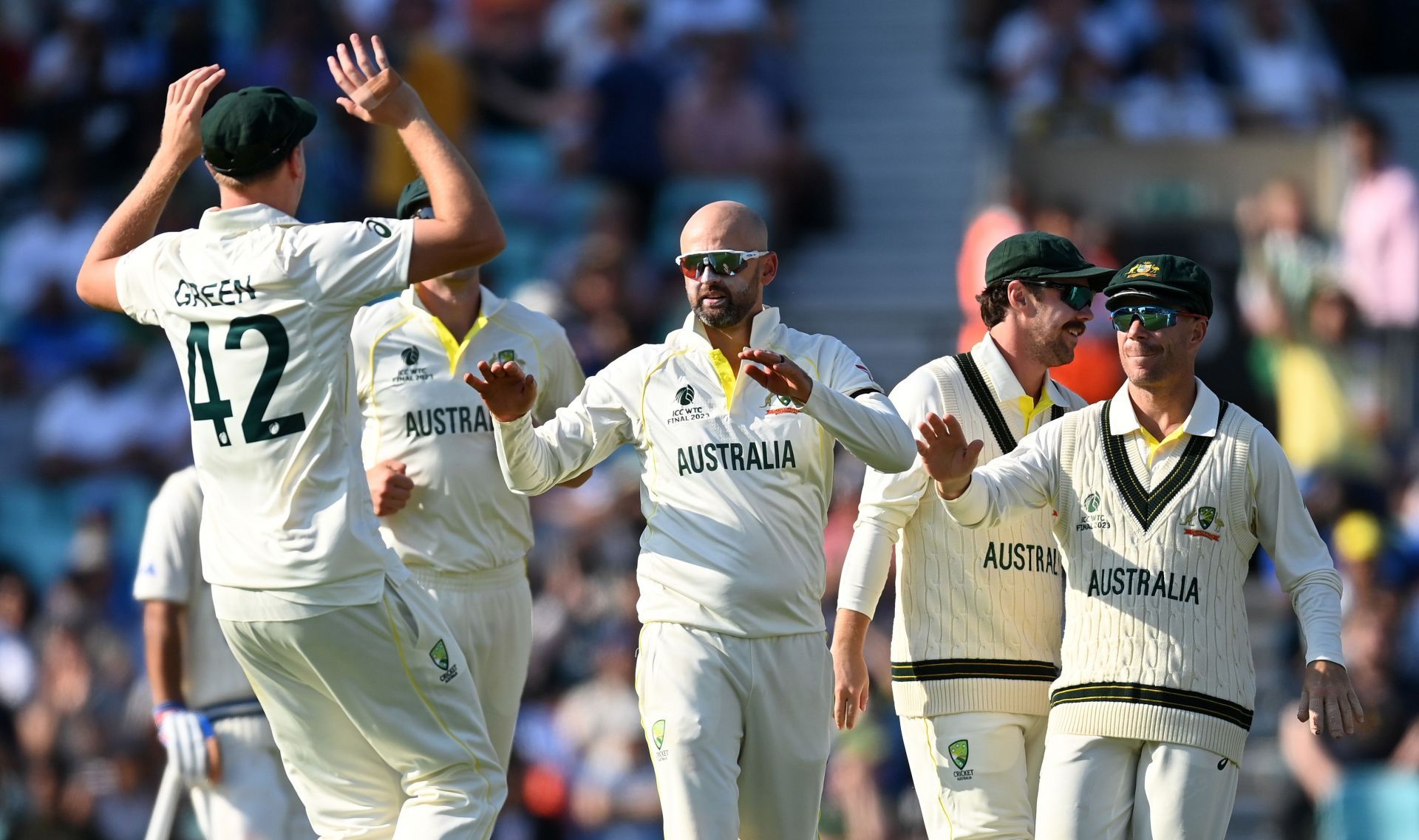 Nathan Lyon celebrates Ravindra Jadeja