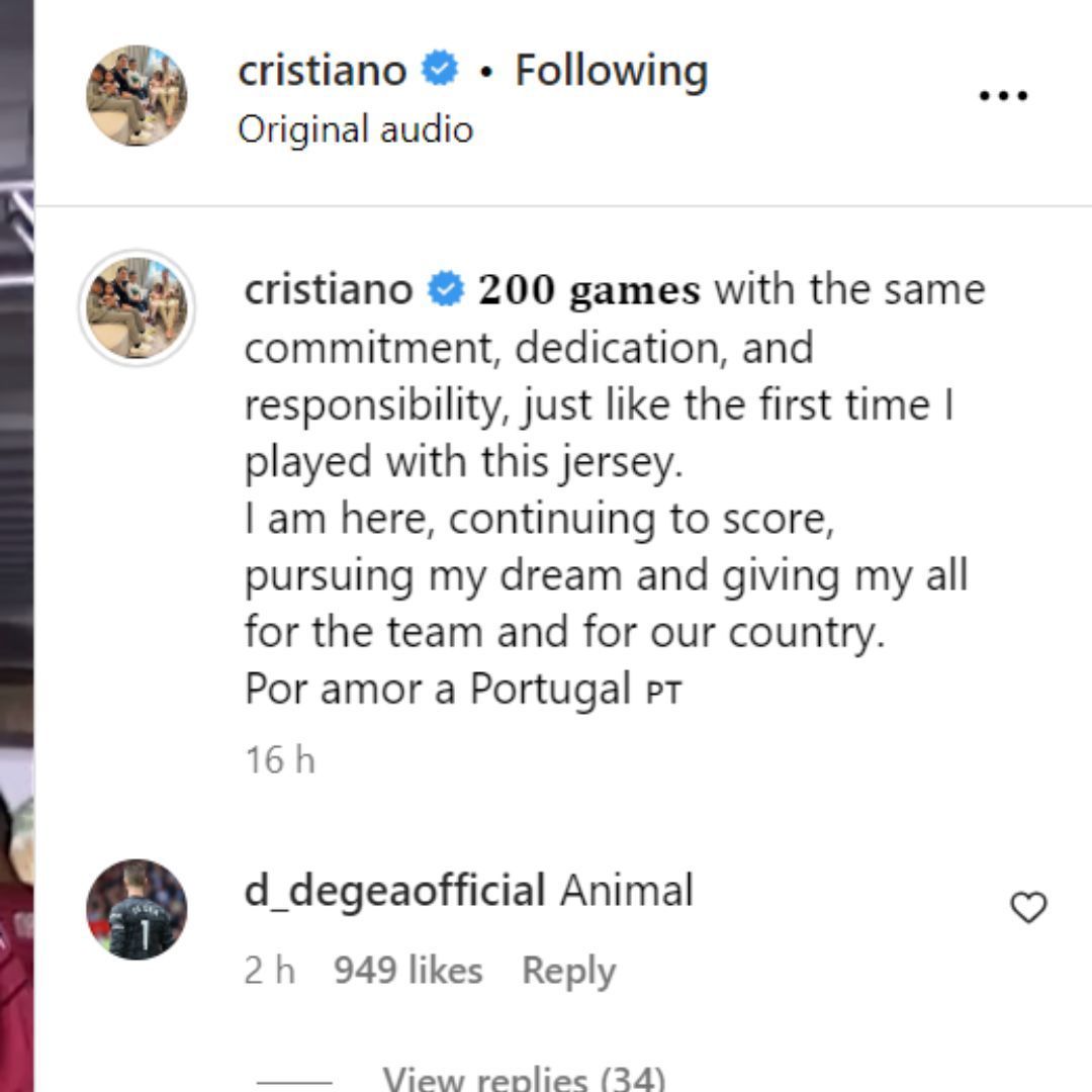 David de Gea&#039;s comment on Cristiano Ronaldo&#039;s latest post