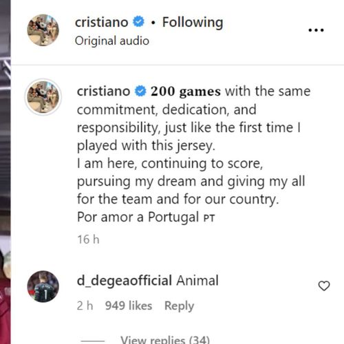 David de Gea's comment on Cristiano Ronaldo's latest post