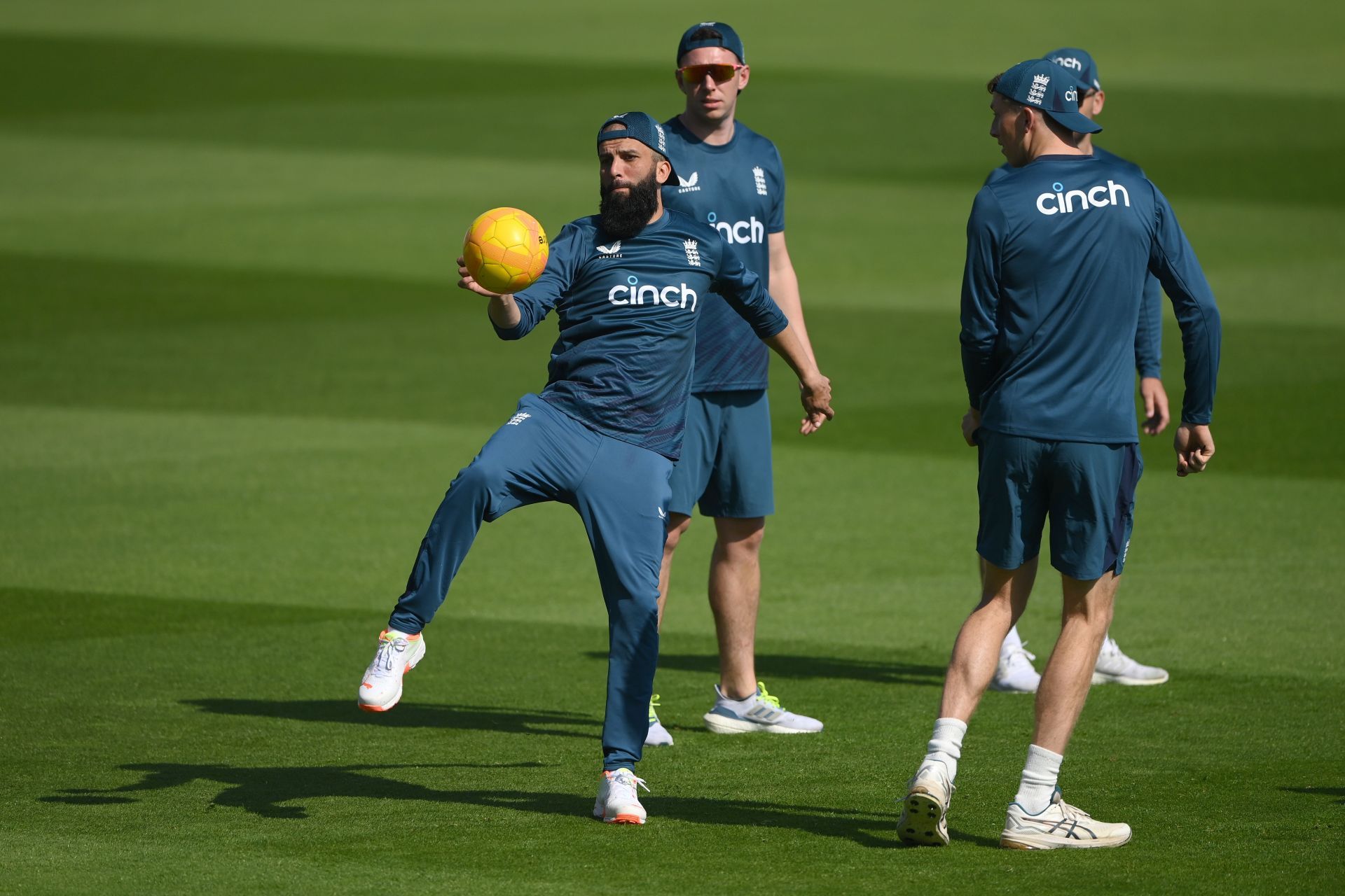 England player Moeen Ali in football action during nets session ahead of the Ashes Test
