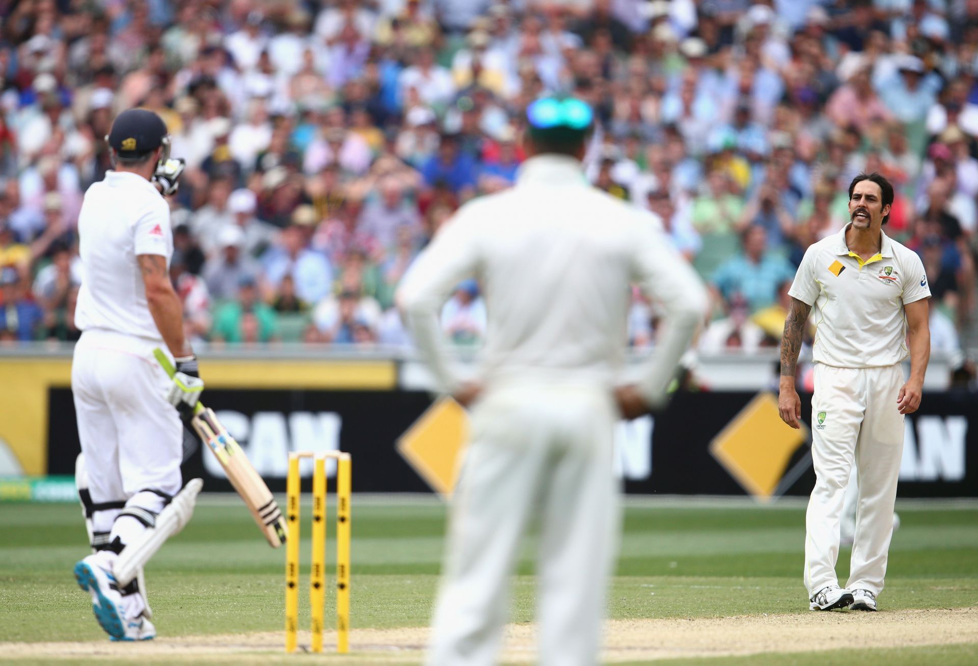 Mitchell Johnson (right) has a word with Kevin Pietersen. (Pic: Getty Images)