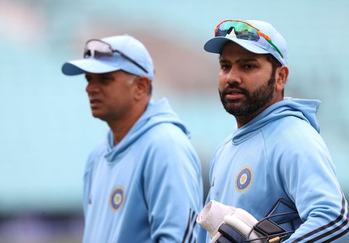 Rahul Dravid (left) and Rohit Sharma during India’s training session. (Pic: Getty Images)